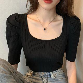 Striped Puff-sleeve Knit Top
