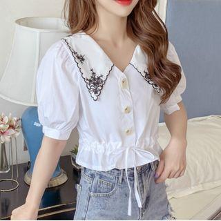 Balloon-sleeve Floral Embroidered Cropped Blouse