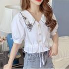 Balloon-sleeve Floral Embroidered Cropped Blouse