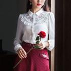 Long-sleeve Frilled-trim Embroidered Blouse