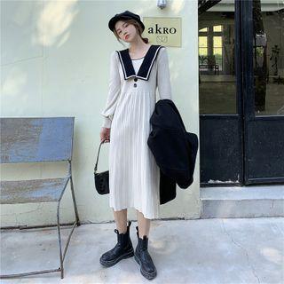 Sailor-collar Lantern-sleeve Knit Dress