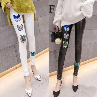 Faux Leather Sequined Butterfly Leggings