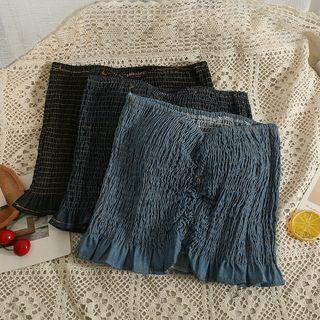Ruffle-hem Smocked Denim Tube Top