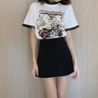 Short-sleeve Lace Trim Print T-shirt / Mini A-line Skirt