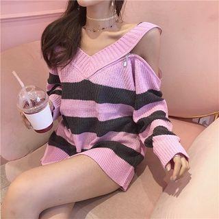 Cold Shoulder Color Block Sweater Stripe - Pink - One Size