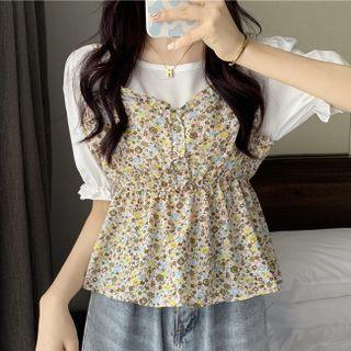 Mock Two-piece Floral Panel T-shirt