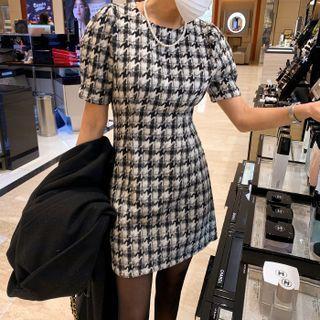 Short-sleeve Houndstooth Minidress Black - One Size