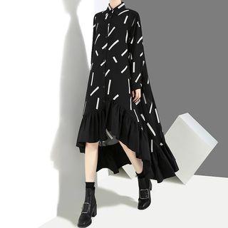 Printed Long-sleeve Midi Shirt Dress Black - One Size