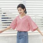 Striped Lace Trim 3/4 Sleeve T-shirt