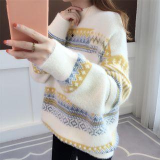Mock Neck Patterned Furry Sweater