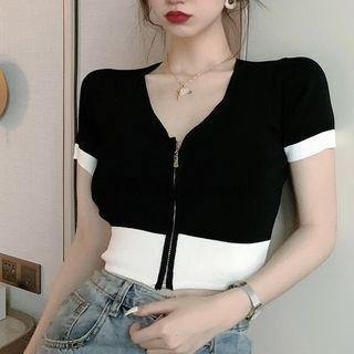 Color Block Skinny Short Sleeve Knitted Crop Top