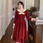 Long-sleeve Collar Lace Trim Midi A-line Dress