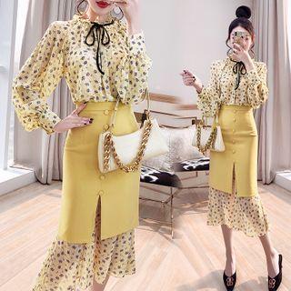 Set: Puff-sleeve Dotted Midi Shirtdress + Pencil Skirt