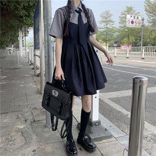 Short-sleeve Neck Tie Shirt / Pleated Skirt / Overall Dress