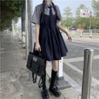 Short-sleeve Neck Tie Shirt / Pleated Skirt / Overall Dress