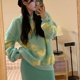 Tie-dyed Faux Shearling Hoodie / Midi Knit Skirt