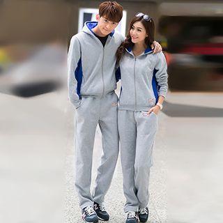 Set: Couple Color-block Hooded Jacket + Pants