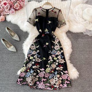 Short-sleeve Floral Embroidered Mesh Panel Midi A-line Dress