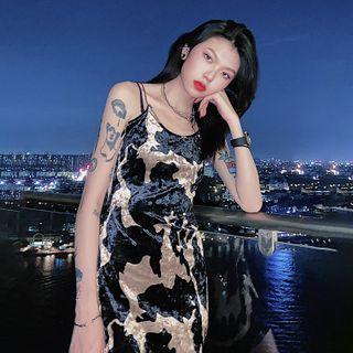 Spaghetti Strap Printed Mini Dress Black - One Size