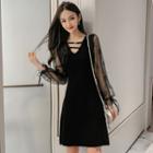 Long-sleeve Mesh Panel Knit Dress Black - One Size