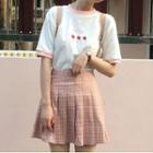 Plaid Pleated Mini A-line Skirt / Elbow-sleeve Strawberry T-shirt