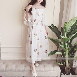 Embroidered Bell-sleeve Maxi A-line Dress