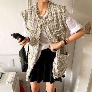 Fringed Longline Tweed Vest