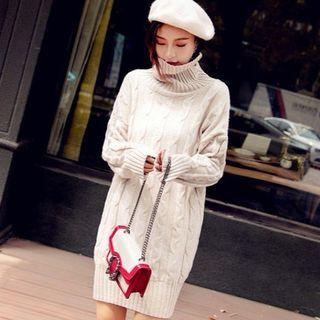 Turtleneck Long-sleeve Cable Knit Dress As Shown In Figure - One Size