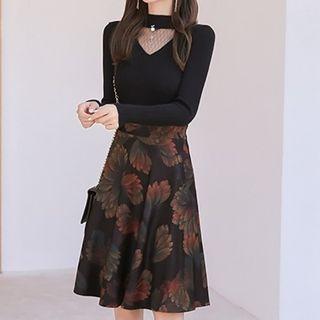 Set: Mesh Panel Knit Top + Flower A-line Skirt