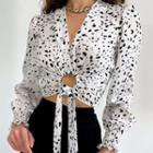 Long-sleeve Dotted Drawstring Crop Top