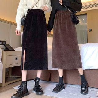 Slit-hem Midi A-line Corduroy Skirt