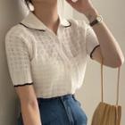 Short-sleeve Collared Pointelle Knit Top White - One Size