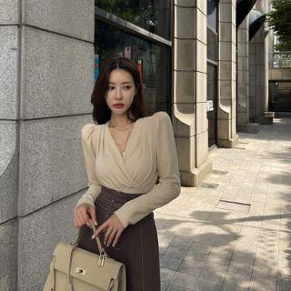 Puff-shoulder Slim-fit Wrap Blouse