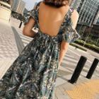Patterned Cut Out Shoulder Short Sleeve Midi Dress