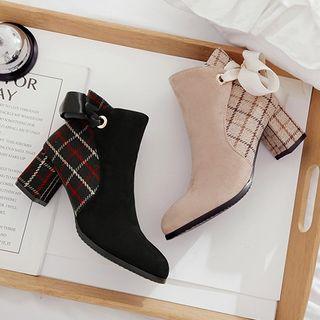 Plaid Panel Block Heel Short Boots