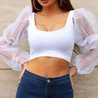 Mesh Panel Long Puff-sleeve Crop Top