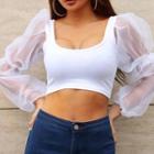 Mesh Panel Long Puff-sleeve Crop Top