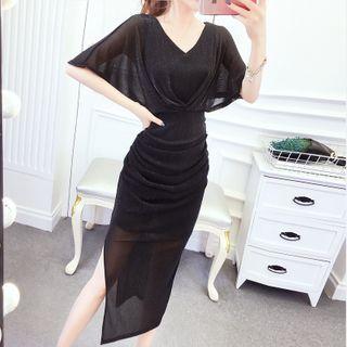 Short-sleeve V-neck Shirred Slit Midi Sheath Dress