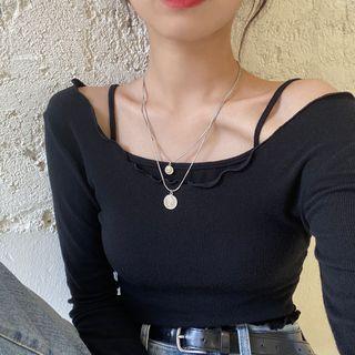 Set: Long-sleeve Ruffle Trim T-shirt + Camisole Top