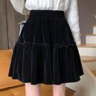 Elastic High-waist Plain A-line Velvet Mini Skirt Black - One Size