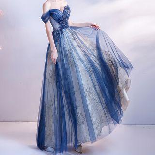 Off-shoulder Beaded Mesh A-line Evening Gown
