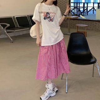 Elbow-sleeve Print T-shirt / Gingham Midi A-line Skirt