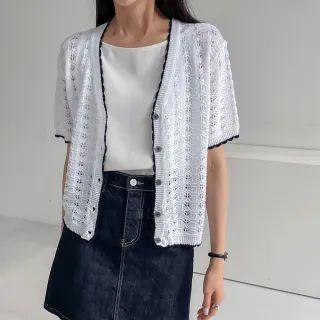 Contrast-trim Scallop-edge Pointelle Cardigan