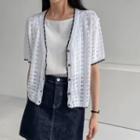 Contrast-trim Scallop-edge Pointelle Cardigan