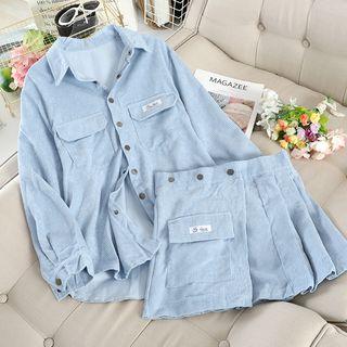 Set: Corduroy Shirt Jacket + Mini A-line Pleat Panel Skirt