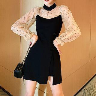 Set: Mesh Panel Long-sleeve Mini A-line Dress + Shorts