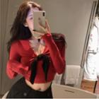 Long-sleeve Tie-front V-neck Crop Top