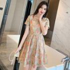 Mandarin Collar Perforated Short-sleeve A-line Dress