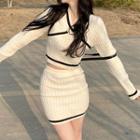 V-neck Contrast Trim Sweater / Knit Skirt