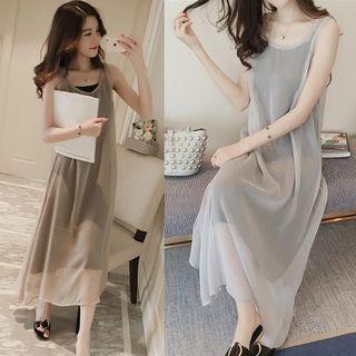 Set: Plain Slipdress + Crew-neck Midi Tank Dress